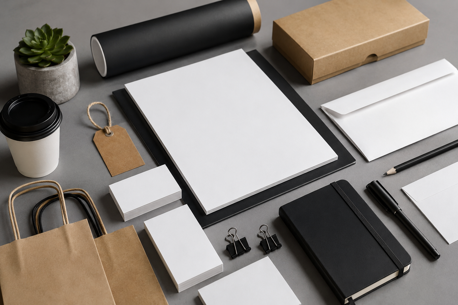Professional printed marketing materials arranged on a desk, including business cards, letterhead, envelopes, packaging, notebooks, and branded stationery for a new business.
