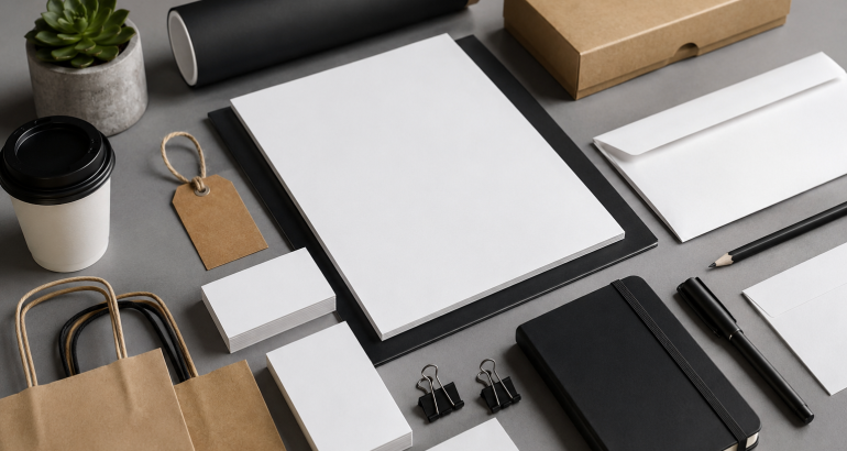 Professional printed marketing materials arranged on a desk, including business cards, letterhead, envelopes, packaging, notebooks, and branded stationery for a new business.