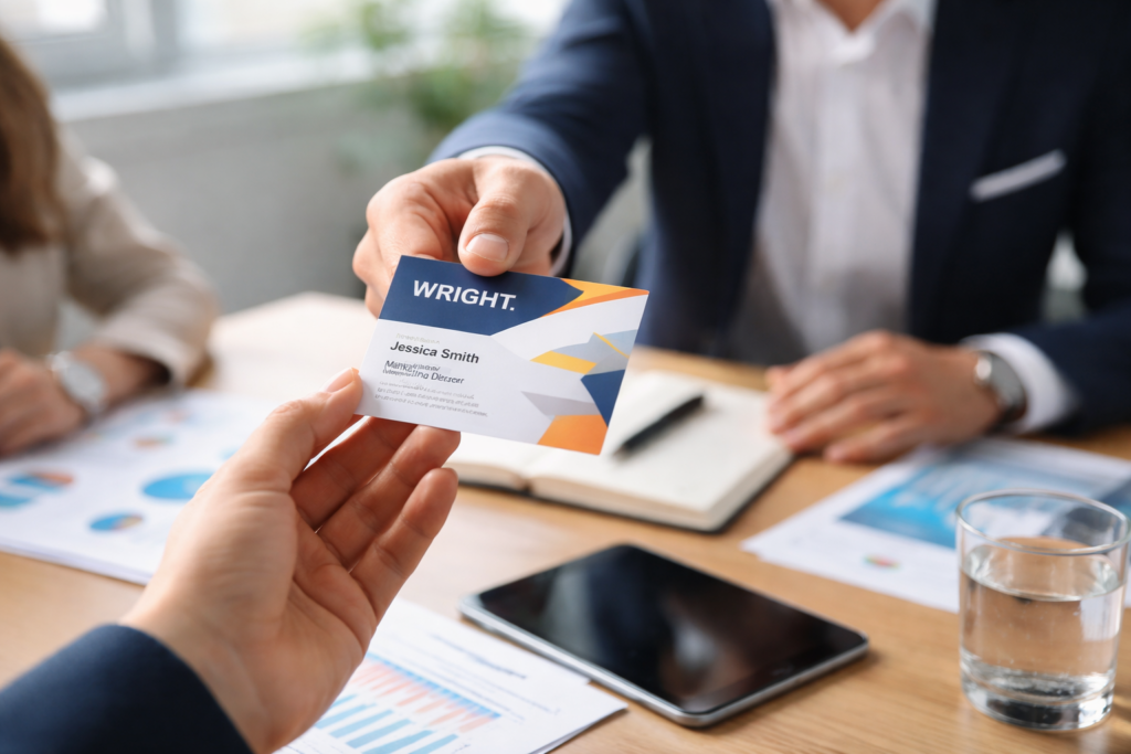 professional business card exchange during networking meeting